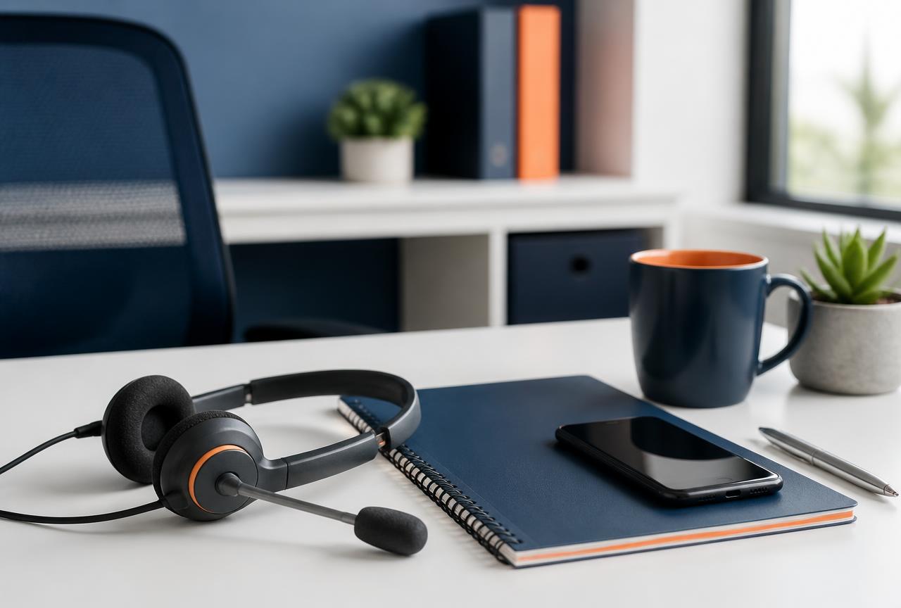 Arbeitsplatz für professionellen Telefonvertrieb mit Headset und Notizbuch